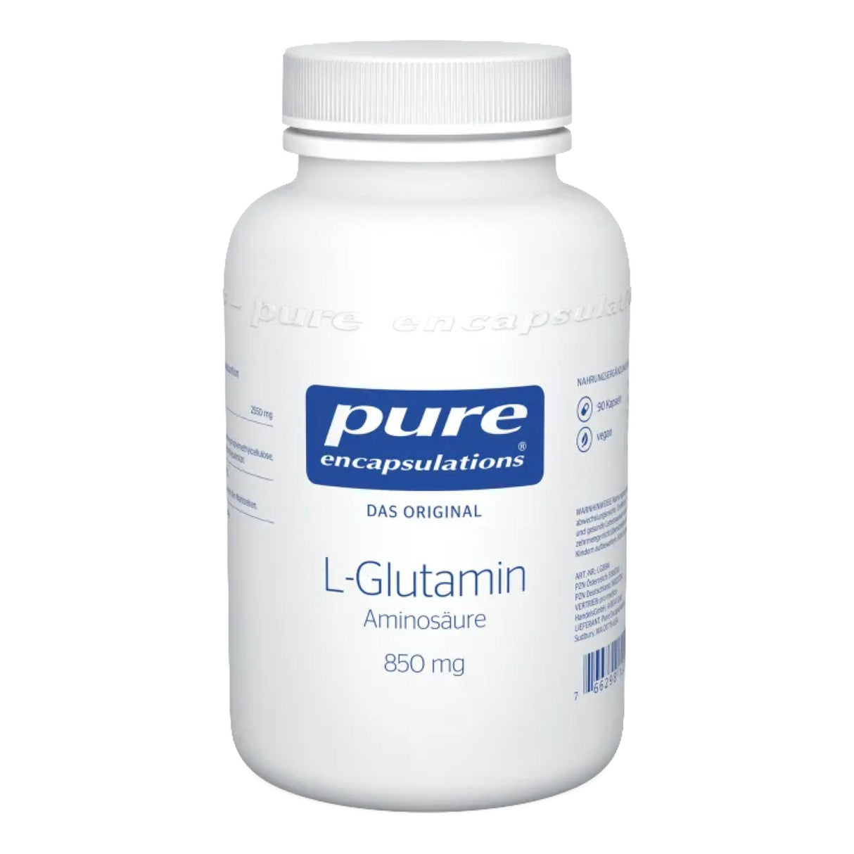 Eine weiße Plastikdose mit Schraubverschluss, die das Produkt 'L-Glutamin' von 'Pure Encapsulations' enthält. Auf der Vorderseite steht 'Das Original', 'Aminosäure', '850 mg', und es gibt Symbole für 90 Kapseln und vegan. Der Hintergrund ist weiß.