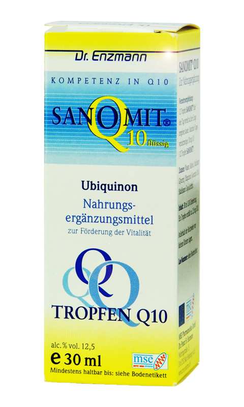 Eine Verpackung von Sanomit Q10 flüssig, einem Nahrungsergänzungsmittel mit Ubiquinon zur Förderung der Vitalität. Die Verpackung ist gelb und blau mit dem Aufdruck 'Kompetenz in Q10'.
