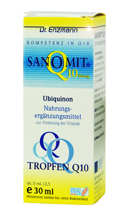 Eine Verpackung von Sanomit Q10 flüssig, einem Nahrungsergänzungsmittel mit Ubiquinon zur Förderung der Vitalität. Die Verpackung ist gelb und blau mit dem Aufdruck 'Kompetenz in Q10'.