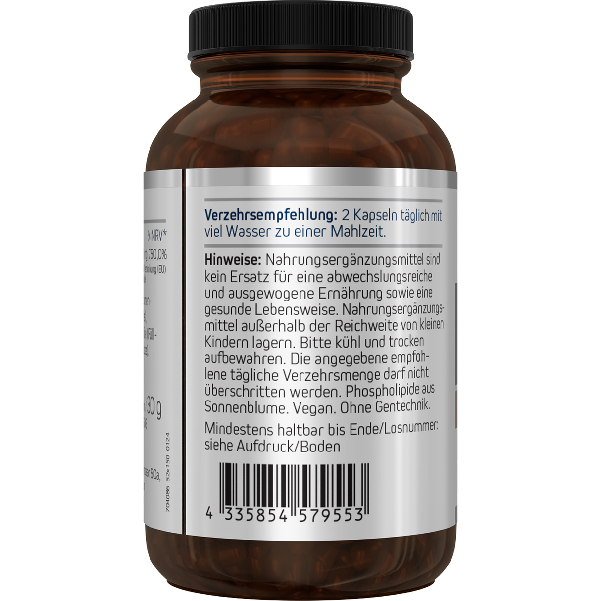 Das Bild zeigt eine braune Flasche mit der Aufschrift 'American Biologics Liposomales Vitamin C'. Die Flasche hat ein weißes Etikett mit blauer und oranger Schrift. Auf dem Etikett steht, dass es sich um ein Nahrungsergänzungsmittel handelt, das 300 mg Vitamin C und 130 mg Liposomenmischung pro Kapsel enthält. Die Flasche enthält 60 Kapseln. Vor der Flasche liegen zwei weiße Kapseln. Auf dem Etikett sind auch die Begriffe 'vegan' und 'non-GMO' zu sehen.