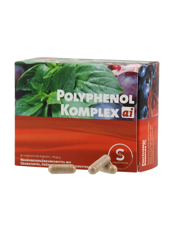 Verpackung von Nahrungsergänzungsmittel 'Polyphenol Komplex ai' mit 90 vegetarischen Kapseln, enthält Granatapfel und Grünteeextrakt.