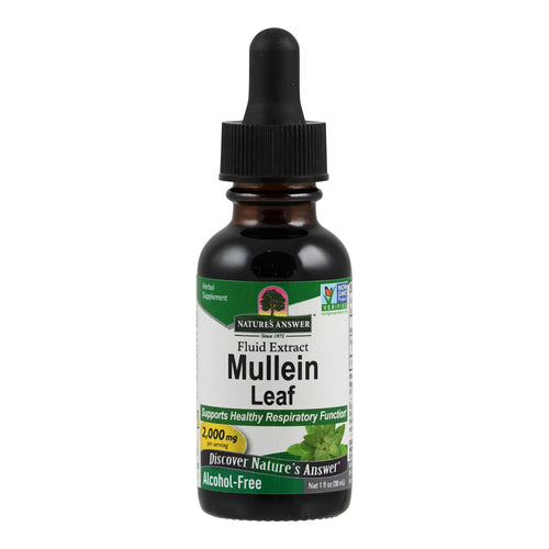 Eine Flasche mit Tropfverschluss, die "Nature's Answer Mullein Leaf Fluid Extract" zeigt. Das Etikett ist grün und weiß, mit Texten wie "Supports Healthy Respiratory Function", "2,000 mg per serving", "Alcohol-Free" und "Non-GMO Verified". Die Flasche ist dunkel und hat ein Volumen von 30 ml.