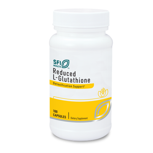 Die Abbildung zeigt eine weiße Flasche mit einem Schraubverschluss, die ein Nahrungsergänzungsmittel namens "Reduced L-Glutathione" von SFI Health enthält. Auf dem Etikett steht "Detoxification Support". Die Flasche enthält 100 Kapseln und hat ein gelbes Design-Element, das den unteren Teil des Etiketts schmückt. Die Flasche steht aufrecht vor einem weißen Hintergrund.