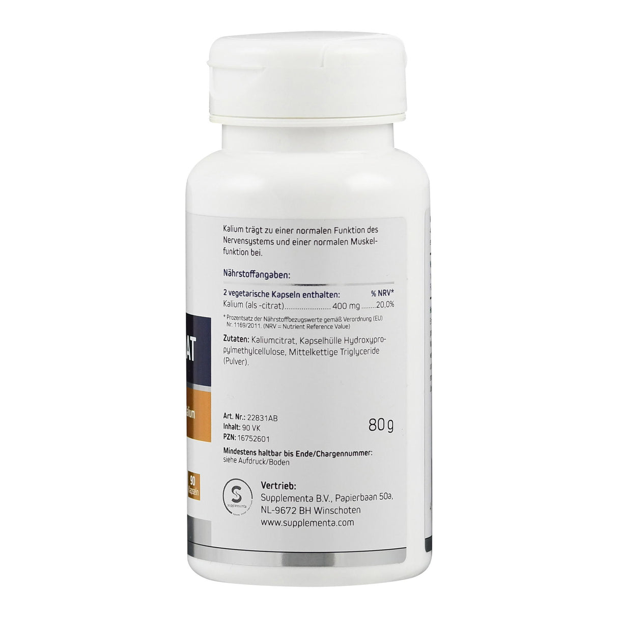 Rückseite einer Nahrungsergänzungsmittel-Verpackung mit Nährstoffangaben und Zutatenliste. Enthält Kaliumcitrat und andere Inhaltsstoffe.