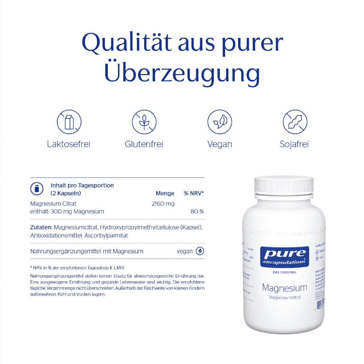 Die Abbildung zeigt ein Produktetikett für Magnesium von Pure Encapsulations. Der Text betont die Qualität und die Eigenschaften wie laktosefrei, glutenfrei, vegan und sojafrei. Die Inhaltsstoffe und die Tagesdosis sind ebenfalls aufgeführt. Rechts ist eine weiße Flasche mit blauem Etikett abgebildet.