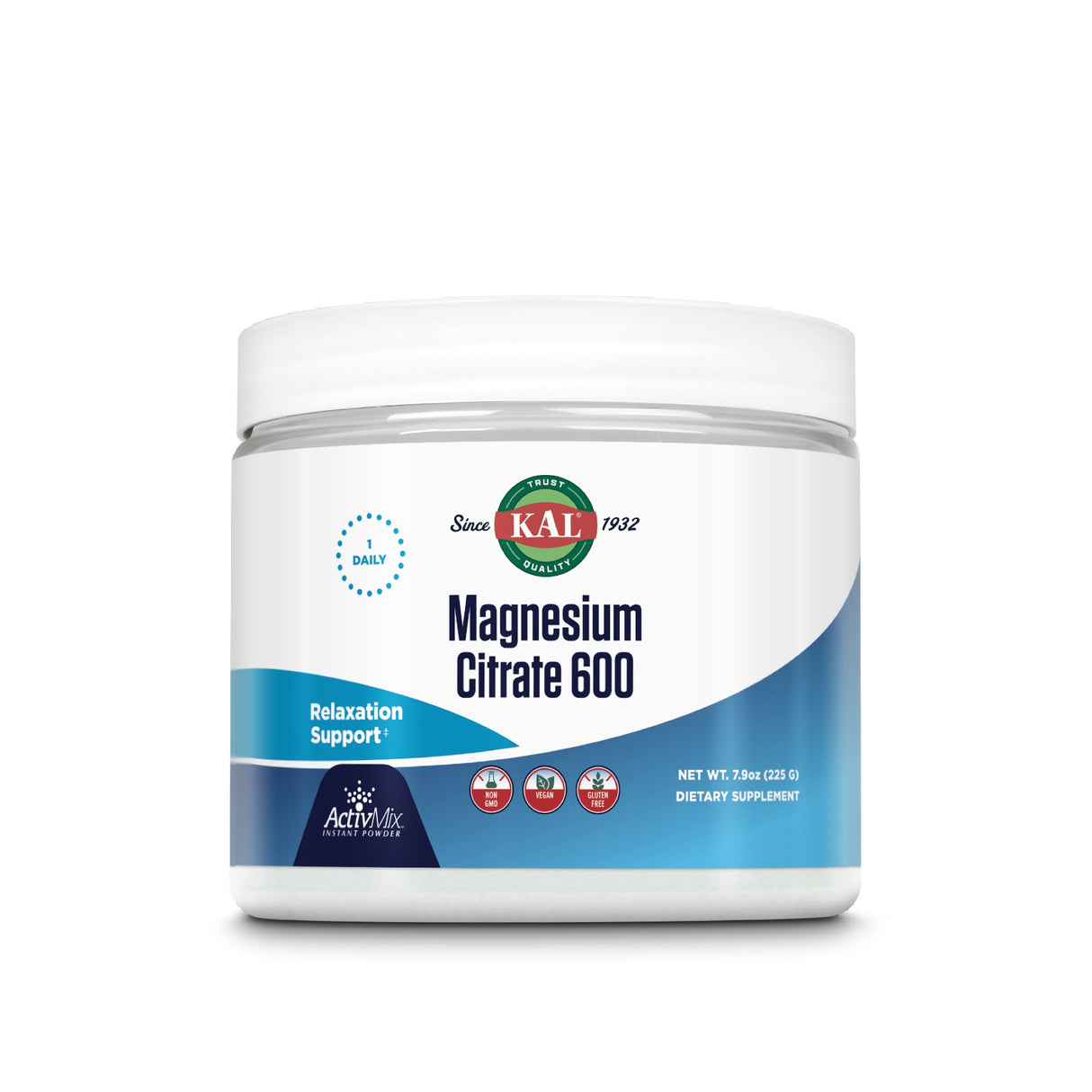 Die Abbildung zeigt ein weißes Kunststoffbehältnis mit einem blauen Etikett. Auf dem Etikett steht 'KAL Magnesium Citrate 600'. Das Produkt wird als Nahrungsergänzungsmittel zur Entspannung beworben. Der Behälter ist auf einem weißen Hintergrund platziert.