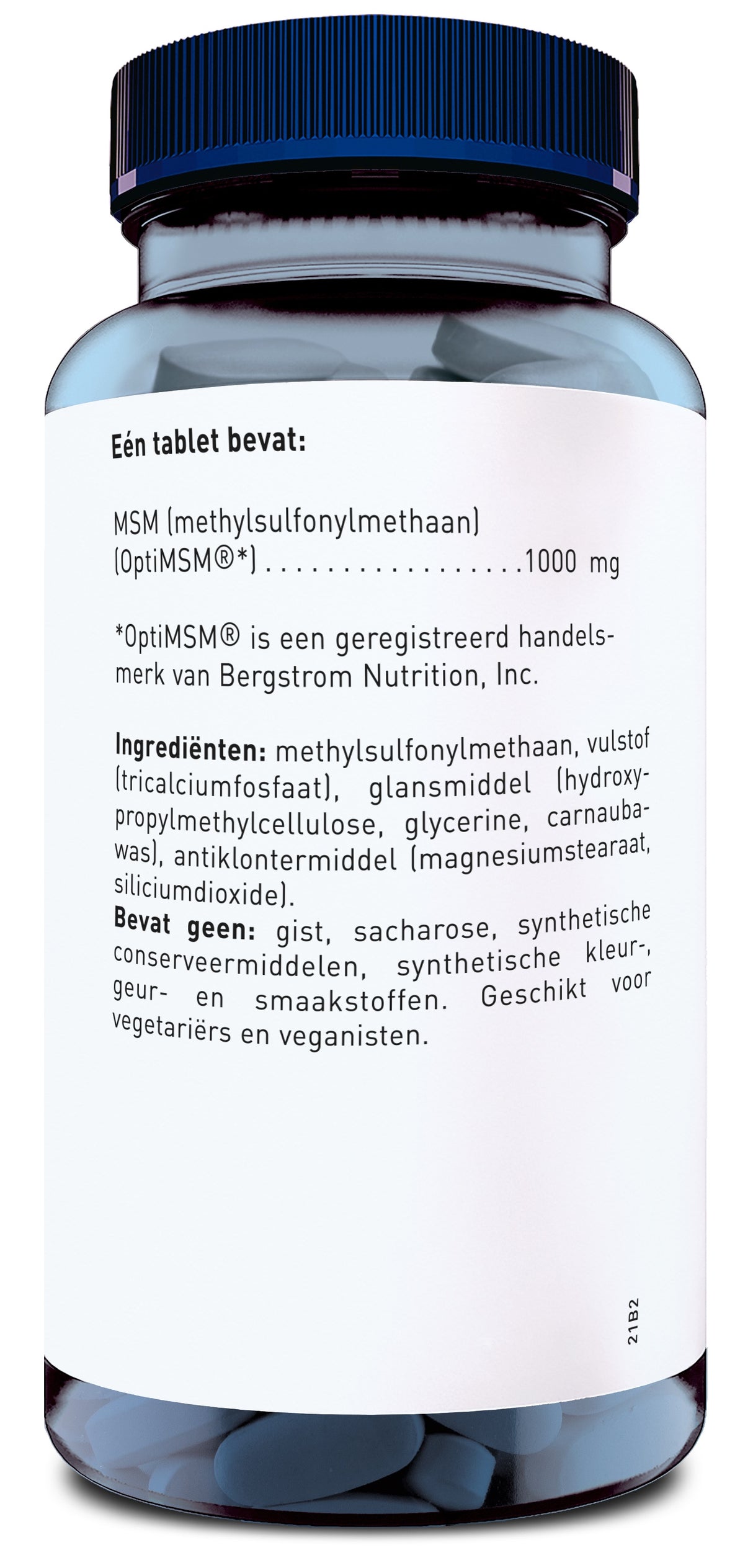 Eine durchsichtige Plastikflasche mit blauem Deckel, gefüllt mit weißen Tabletten. Auf dem Etikett stehen Informationen über den Inhalt: MSM (Methylsulfonylmethaan) 1000 mg pro Tablette. Weitere Inhaltsstoffe und Hinweise sind ebenfalls angegeben. Die Flasche ist für Vegetarier und Veganer geeignet.