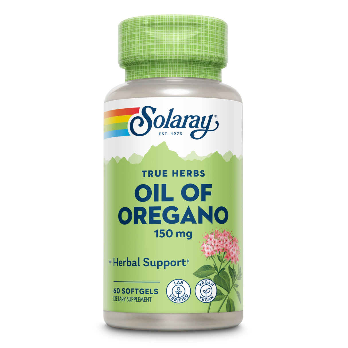 Eine grüne Flasche mit der Aufschrift 'Solaray True Herbs Oil of Oregano 150 mg'. Die Flasche enthält 60 Softgels und ist als vegan und laborgeprüft gekennzeichnet. Ein Bild einer Oregano-Pflanze ist ebenfalls auf dem Etikett zu sehen.