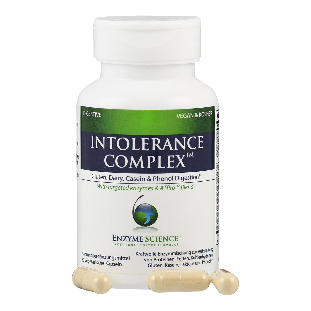 Weiße Flasche mit grünem Etikett, Aufschrift "Intolerance Complex". Enthält 30 vegetarische Kapseln. Unterstützt Verdauung von Gluten, Milchprodukten.