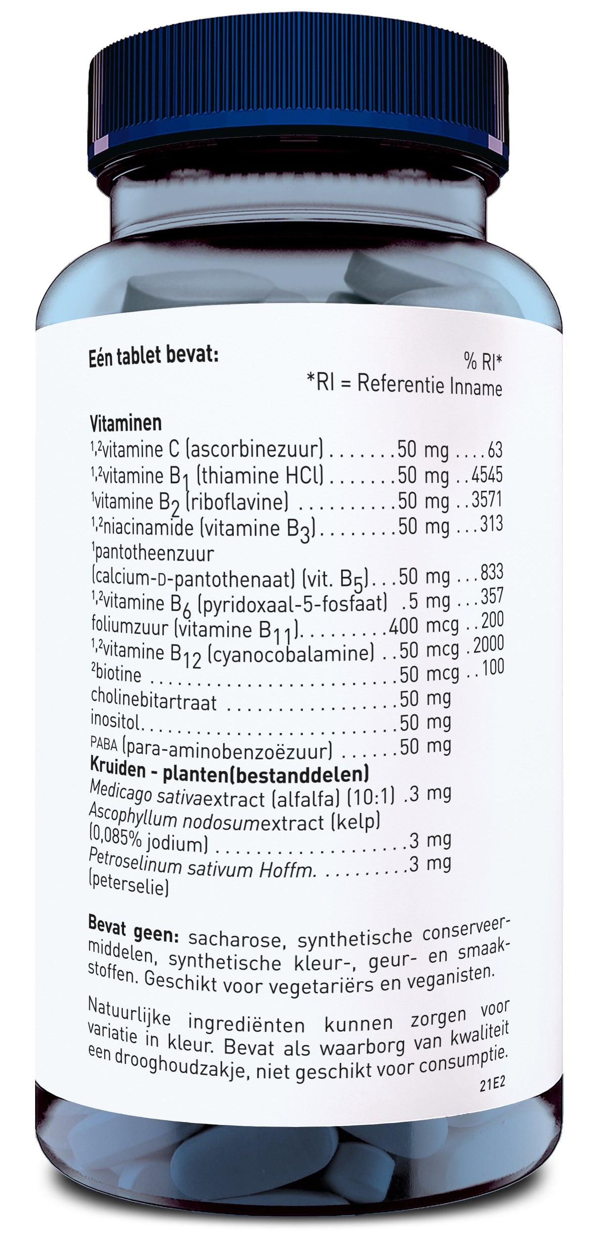 Das Bild zeigt eine Flasche mit einem blauen Deckel, die mit einem Etikett versehen ist. Auf dem Etikett steht eine Liste von Vitaminen und Kräuterextrakten, die in den Tabletten enthalten sind. Die Flasche ist für Vegetarier und Veganer geeignet und enthält keine synthetischen Zusatzstoffe. Das Etikett ist in niederländischer Sprache verfasst.