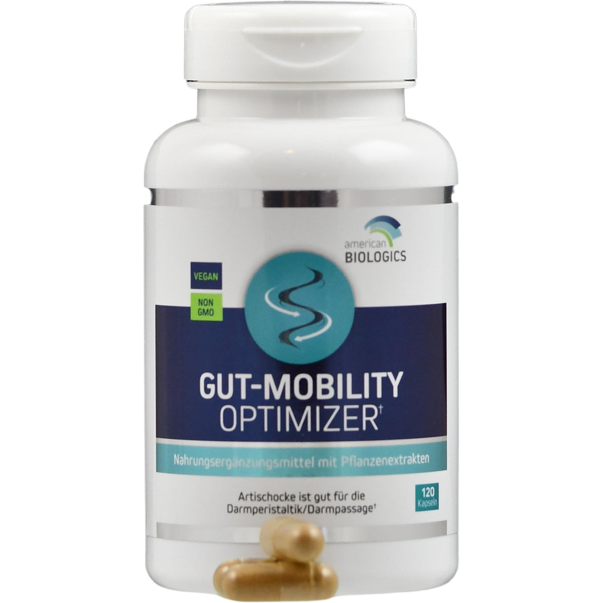 Das Bild zeigt eine weiße Flasche des Nahrungsergänzungsmittels 'Gut-Mobility Optimizer' von American Biologics. Auf dem Etikett steht 'vegan' und 'non-GMO'. Vor der Flasche liegen einige Kapseln.