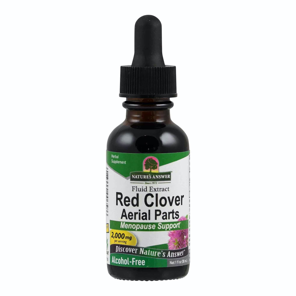 Eine Flasche mit schwarzem Tropfverschluss und Etikett. Auf dem Etikett steht 'Nature's Answer Red Clover Aerial Parts', 'Menopause Support', '2,000 mg per serving', 'Alcohol-Free'. Die Flasche enthält flüssigen Extrakt.