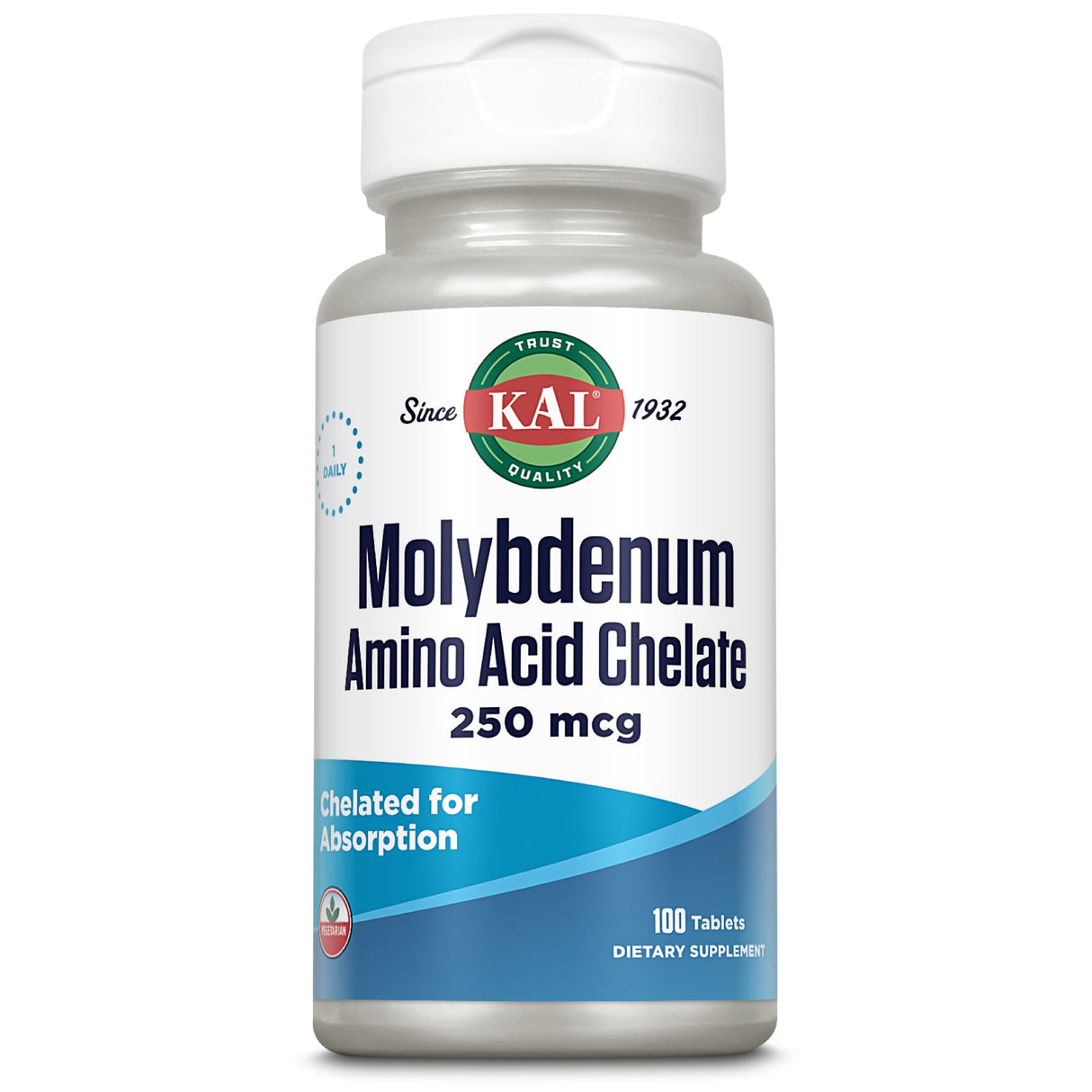 Eine weiße Plastikflasche mit einem Etikett, das "KAL Molybdenum Amino Acid Chelate 250 mcg" anzeigt. Die Flasche enthält 100 Tabletten und ist für die tägliche Einnahme vorgesehen. Das Etikett ist in Blau und Weiß gehalten.