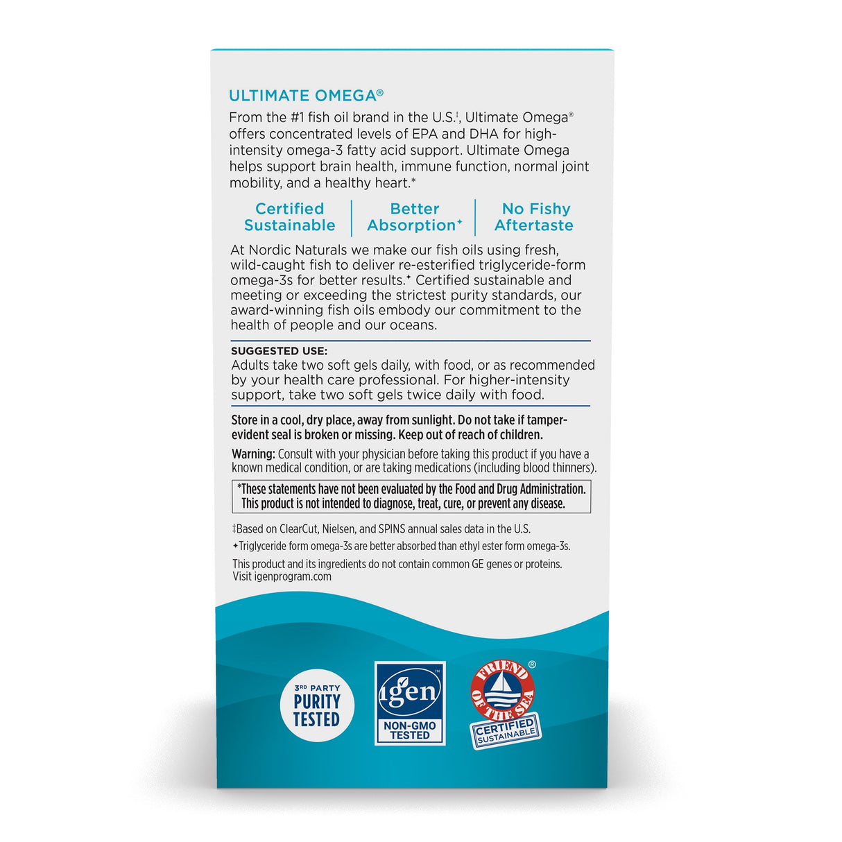 Verpackung von Ultimate Omega, ein Fischöl-Ergänzungsmittel. Enthält EPA und DHA für Omega-3-Unterstützung. Empfohlene Einnahme: 2 Softgels täglich.