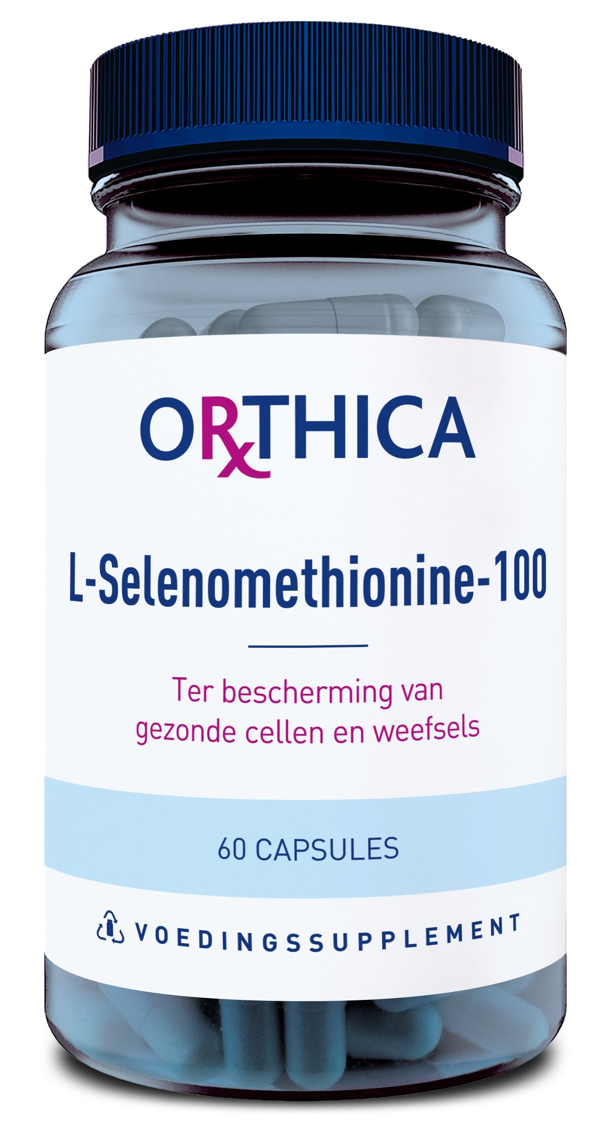 Das Bild zeigt eine blaue Kunststoffflasche mit einem Etikett der Marke Orthica. Die Aufschrift auf dem Etikett lautet „L-Selenomethionine-100“ und „60 Capsules“. Das Produkt ist ein Nahrungsergänzungsmittel zur Unterstützung gesunder Zellen und Gewebe. Der Deckel der Flasche ist ebenfalls blau.