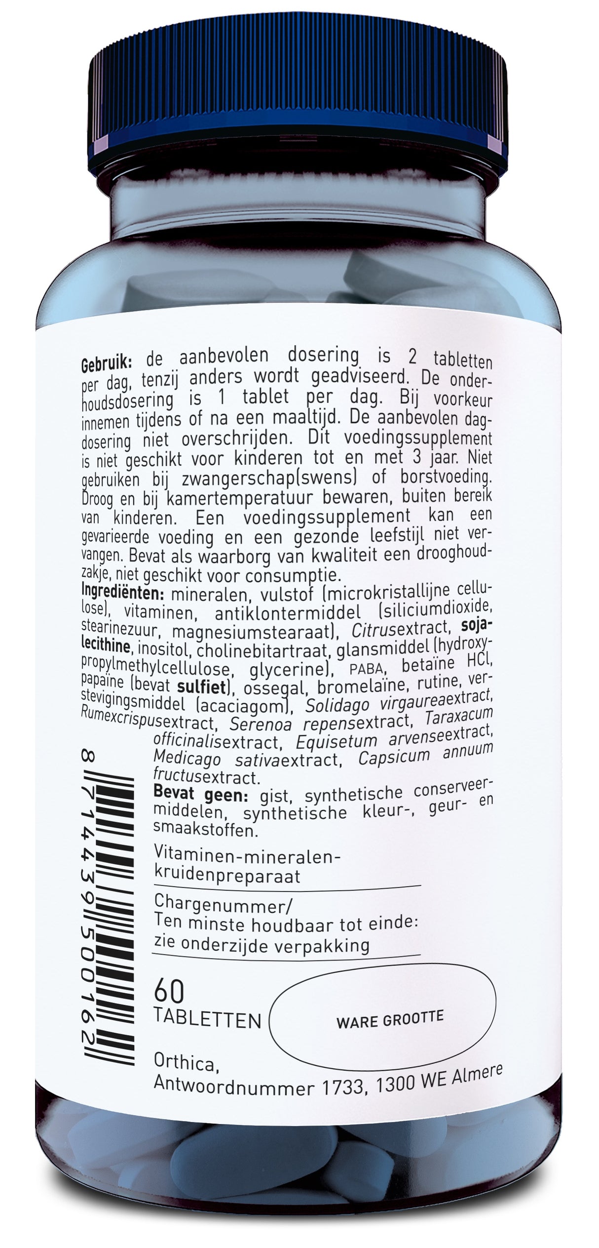 Ein transparentes Glasfläschchen mit blauem Deckel enthält 60 Tabletten. Das Etikett zeigt Dosierungs- und Inhaltsstoffangaben auf Niederländisch. Herstellerinformationen und Barcode sind ebenfalls vorhanden.