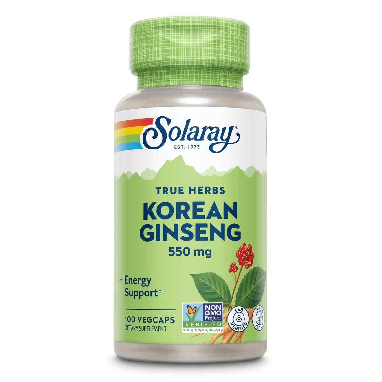 Eine Flasche mit "Solaray Korean Ginseng 550 mg" Nahrungsergänzungsmittel. Etikett zeigt Ginsengpflanze, Non-GMO- und Lab Verified-Siegel.