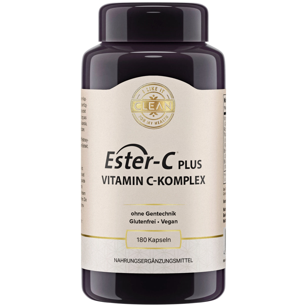 Eine schwarze Plastikflasche mit einem Etikett, das "Ester-C Plus Vitamin C-Komplex" zeigt. Es ist ein Nahrungsergänzungsmittel, das glutenfrei, vegan und ohne Gentechnik ist. Die Flasche enthält 180 Kapseln.
