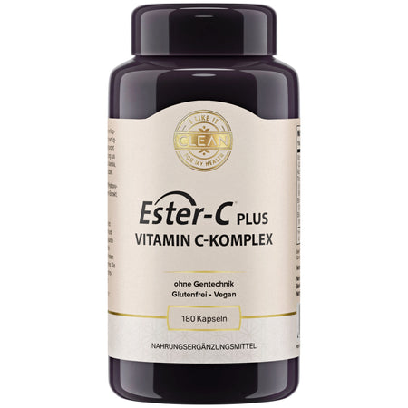 Eine schwarze Plastikflasche mit einem Etikett, das "Ester-C Plus Vitamin C-Komplex" zeigt. Es ist ein Nahrungsergänzungsmittel, das glutenfrei, vegan und ohne Gentechnik ist. Die Flasche enthält 180 Kapseln.