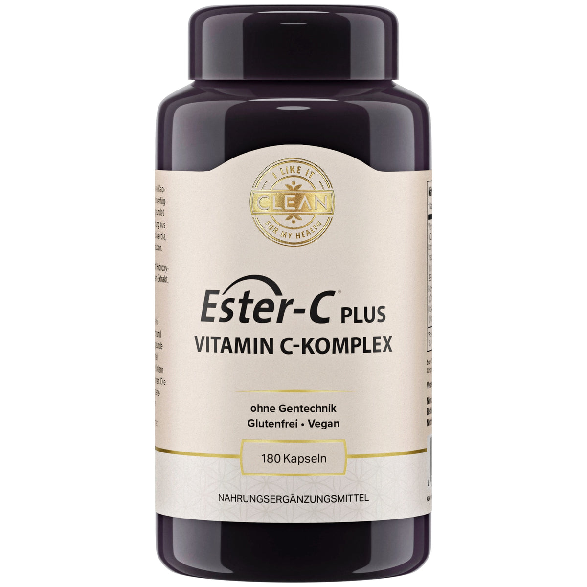 Eine schwarze Plastikflasche mit einem Etikett, das "Ester-C Plus Vitamin C-Komplex" zeigt. Es ist ein Nahrungsergänzungsmittel, das glutenfrei, vegan und ohne Gentechnik ist. Die Flasche enthält 180 Kapseln.