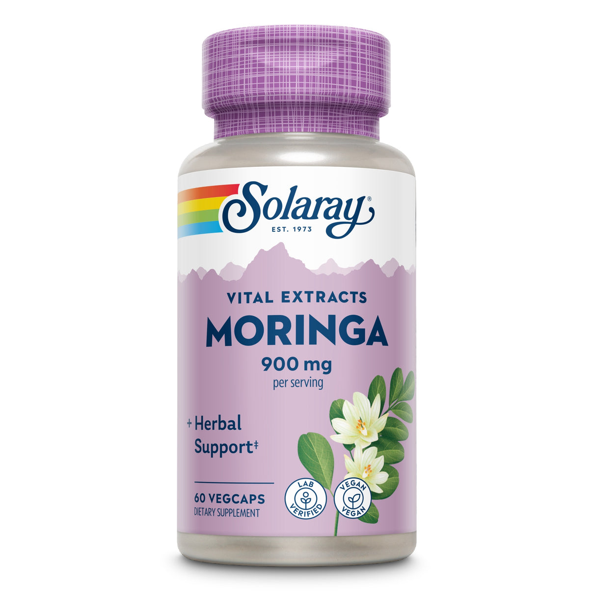 Eine Flasche Solaray Moringa 900 mg Nahrungsergänzungsmittel mit 60 veganen Kapseln, lila Etikett mit Blumenmotiv.