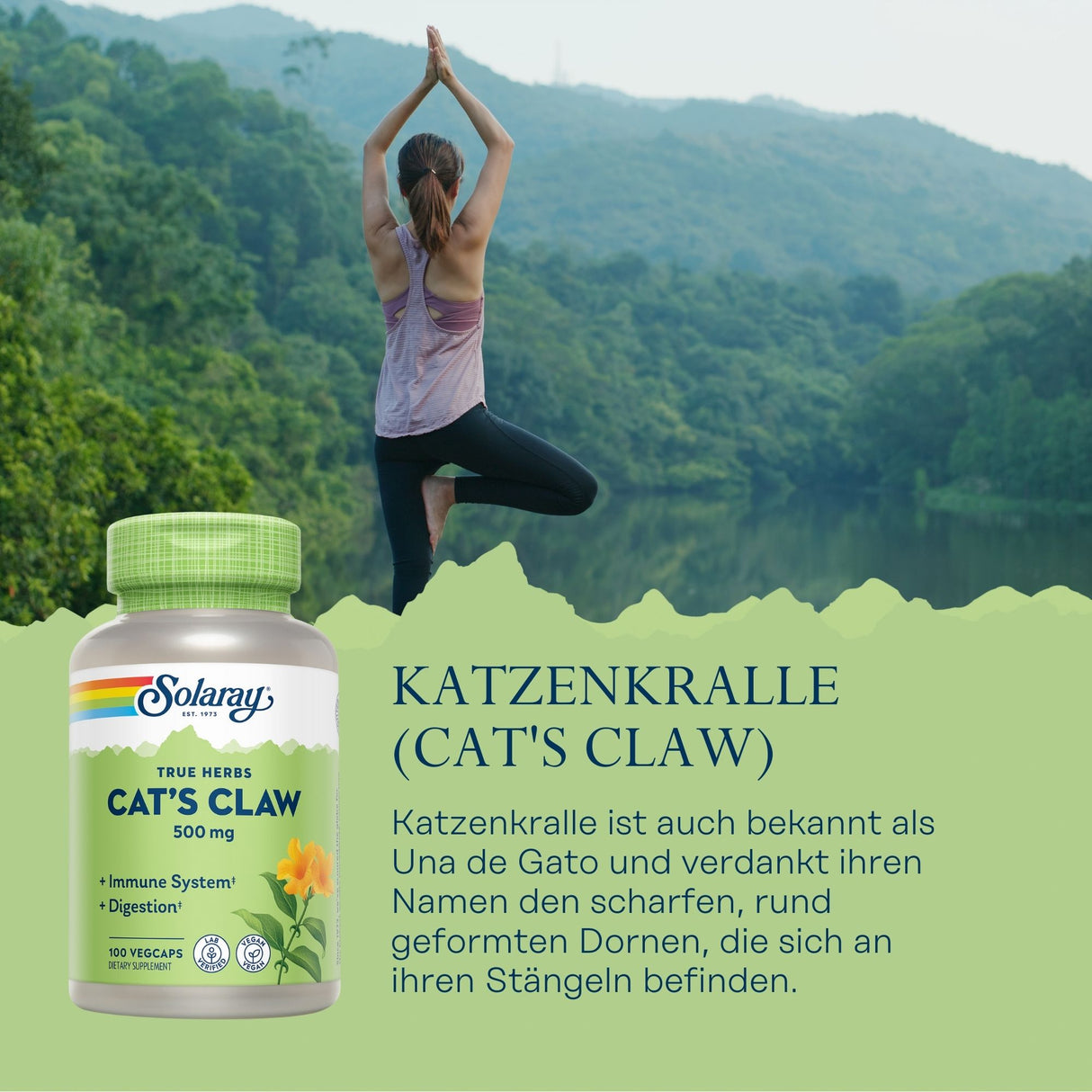 Eine Frau macht Yoga in der Baumhaltung vor einem See mit bewaldeten Hügeln im Hintergrund. Im Vordergrund ist eine Flasche mit dem Etikett 'Solaray Cat's Claw 500 mg' zu sehen. Text erklärt die Herkunft des Namens 'Katzenkralle'.
