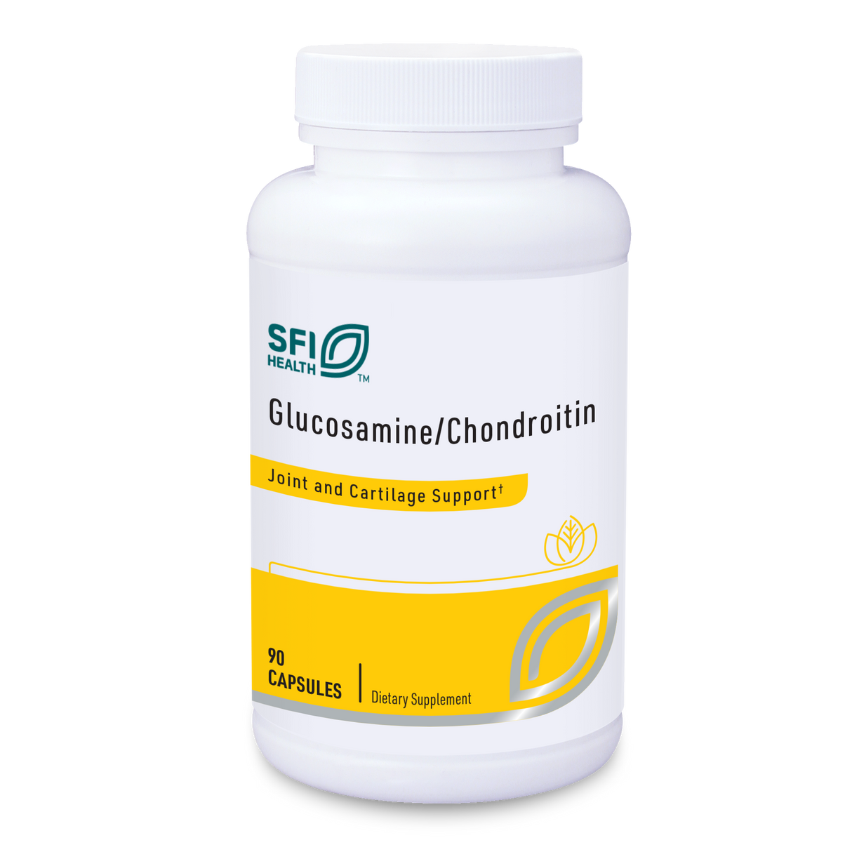 Eine weiße Flasche mit dem Aufdruck "SFI Health Glucosamine/Chondroitin". Der Text "Joint and Cartilage Support" ist ebenfalls sichtbar. Die Flasche enthält 90 Kapseln eines Nahrungsergänzungsmittels.