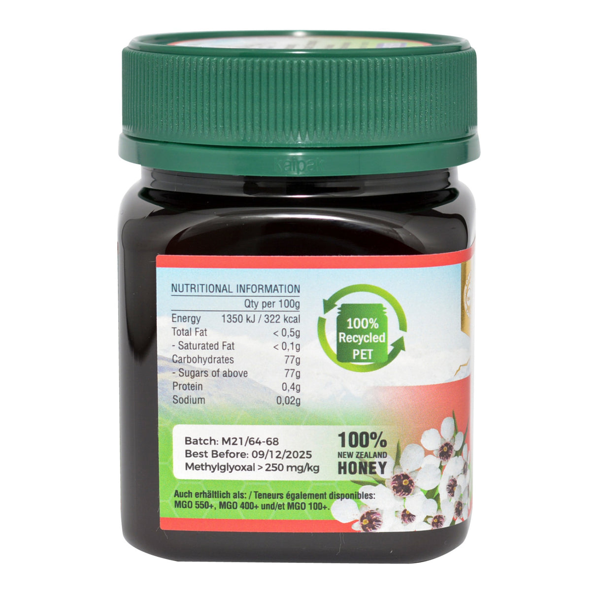 Honigglas mit Nährwertangaben: 322 kcal, 77g Kohlenhydrate, 0,4g Protein. 100% recyceltes PET. Methylglyoxal > 250 mg/kg. Mindestens haltbar bis 09/12/2025.