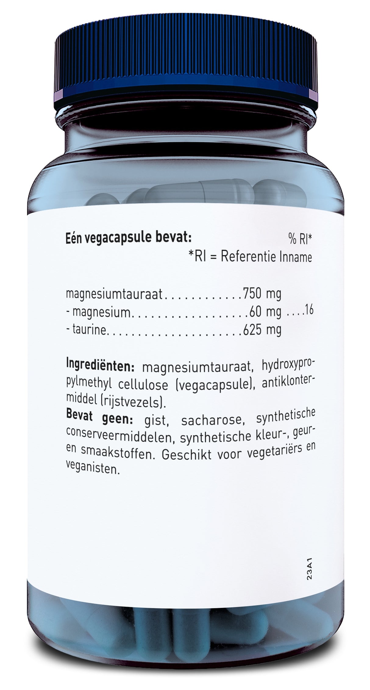 Das Bild zeigt eine Plastikflasche mit blauen Kapseln und einem blauen Schraubverschluss. Das Etikett auf der Flasche ist in niederländischer Sprache und gibt die Inhaltsstoffe einer Vegacapsule an: Magnesiumtauraat, Magnesium, Taurine. Die Flasche ist für Vegetarier und Veganer geeignet und enthält keine Hefe, Saccharose oder synthetische Zusatzstoffe. Die Flasche steht aufrecht und ist aus einem transparenten Kunststoff, der die Kapseln im Inneren sichtbar macht.