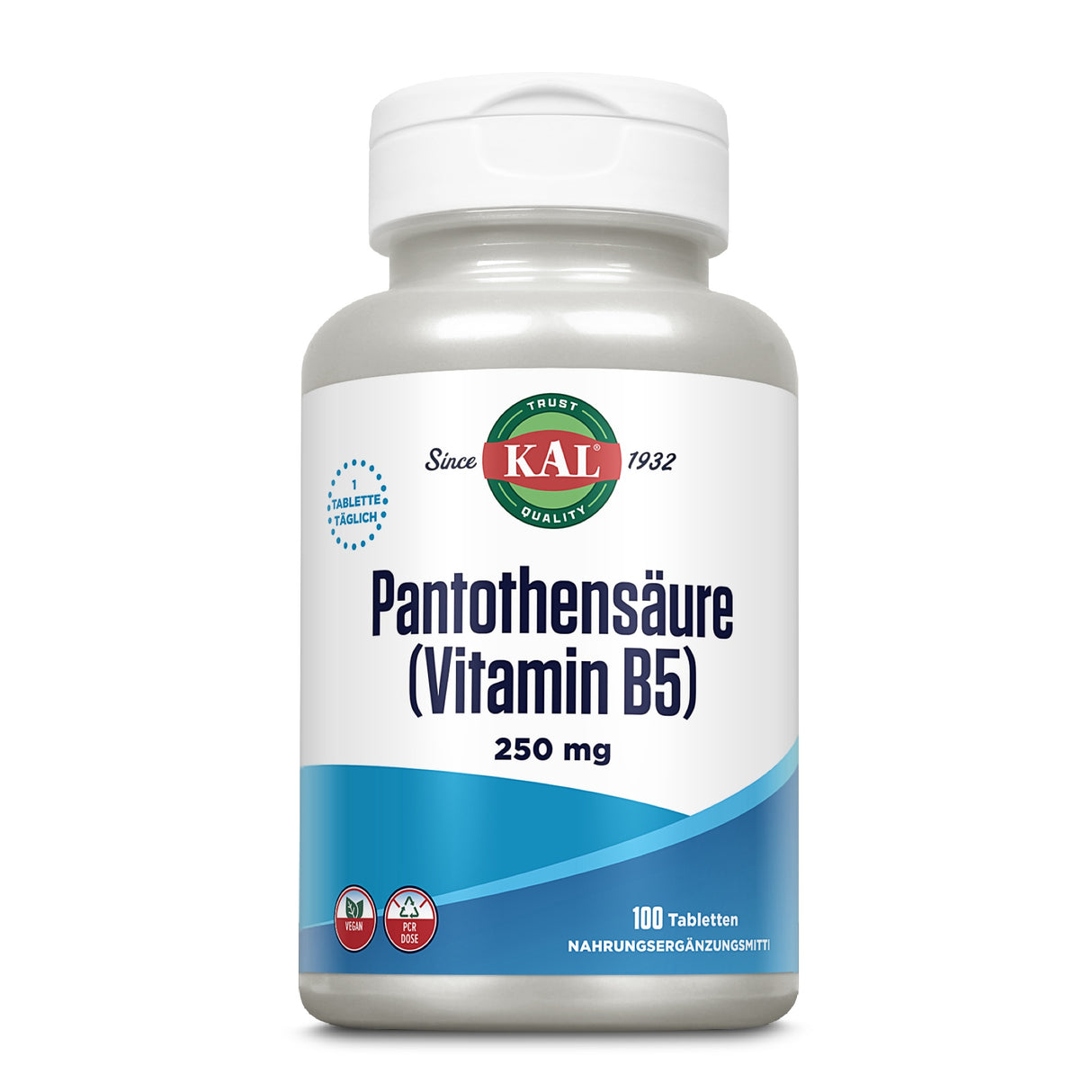 Dose mit Pantothensäure (Vitamin B5) von KAL, 250 mg, 100 Tabletten. Etikett in Blau und Weiß, "Seit 1932".