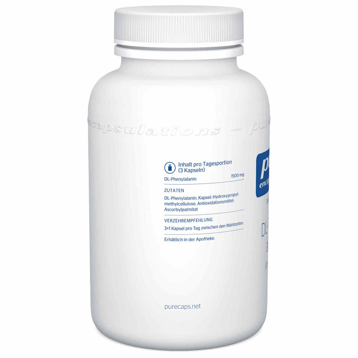 Eine weiße Plastikflasche mit einem Schraubverschluss. Auf dem Etikett sind Informationen zu den Inhaltsstoffen und der Verzehrempfehlung für DL-Phenylalanin-Kapseln zu sehen. Die Flasche gehört zur Marke Pure Encapsulations und enthält 1500 mg DL-Phenylalanin pro Tagesportion. Die Zutatenliste und Verzehrempfehlung sind in blauer Schrift aufgedruckt.