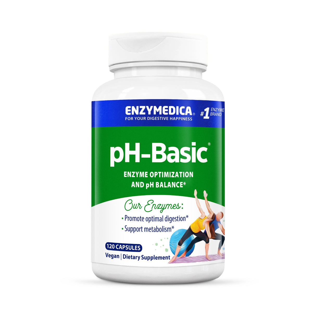 Flasche mit Enzympräparat 'pH-Basic' von Enzymedica, 120 vegane Kapseln zur Enzymoptimierung und pH-Balance.