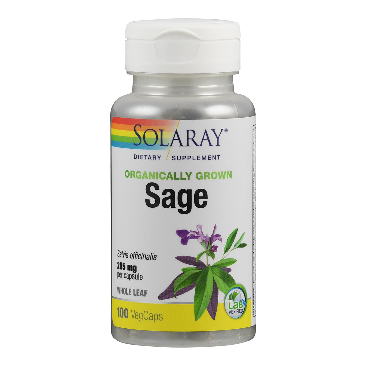 Das Bild zeigt eine Flasche des Nahrungsergänzungsmittels Solaray Organically Grown Sage. Die Flasche ist weiß mit einem Regenbogenstreifen und einem Bild von Salbeiblättern und -blüten. Es enthält 100 VegCaps mit 285 mg Salvia officinalis pro Kapsel.