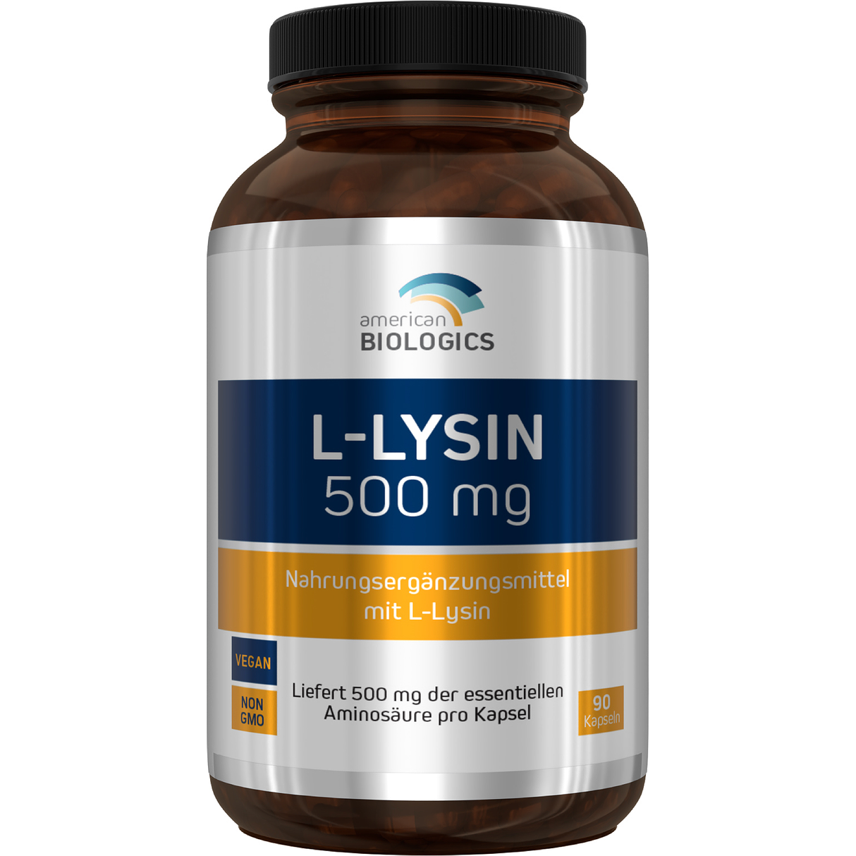 Eine weiße Plastikflasche mit einem Etikett, das Informationen über den Inhalt, L-Lysin-HCl, zeigt. Die Flasche enthält 90 Kapseln, jede mit 500 mg L-Lysin-HCl. Herstellerinformationen und ein Barcode sind ebenfalls auf dem Etikett zu sehen.