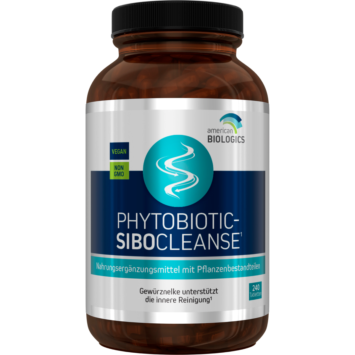 Eine weiße Plastikdose mit dem Etikett 'Phytobiotic-Sibocleanse', einem Nahrungsergänzungsmittel von American Biologics. Auf dem Etikett stehen 'vegan' und 'non-GMO'. Es sind 120 Kapseln enthalten. Vor der Dose liegen einige Kapseln.