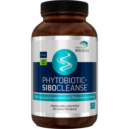 Eine weiße Plastikdose mit dem Etikett 'Phytobiotic-Sibocleanse', einem Nahrungsergänzungsmittel von American Biologics. Auf dem Etikett stehen 'vegan' und 'non-GMO'. Es sind 120 Kapseln enthalten. Vor der Dose liegen einige Kapseln.