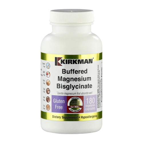 Eine weiße Plastikflasche mit einem Etikett von Kirkman. Auf dem Etikett steht 'Buffered Magnesium Bisglycinate'. Es ist glutenfrei und hypoallergen. Die Flasche enthält 180 vegetarische Kapseln.