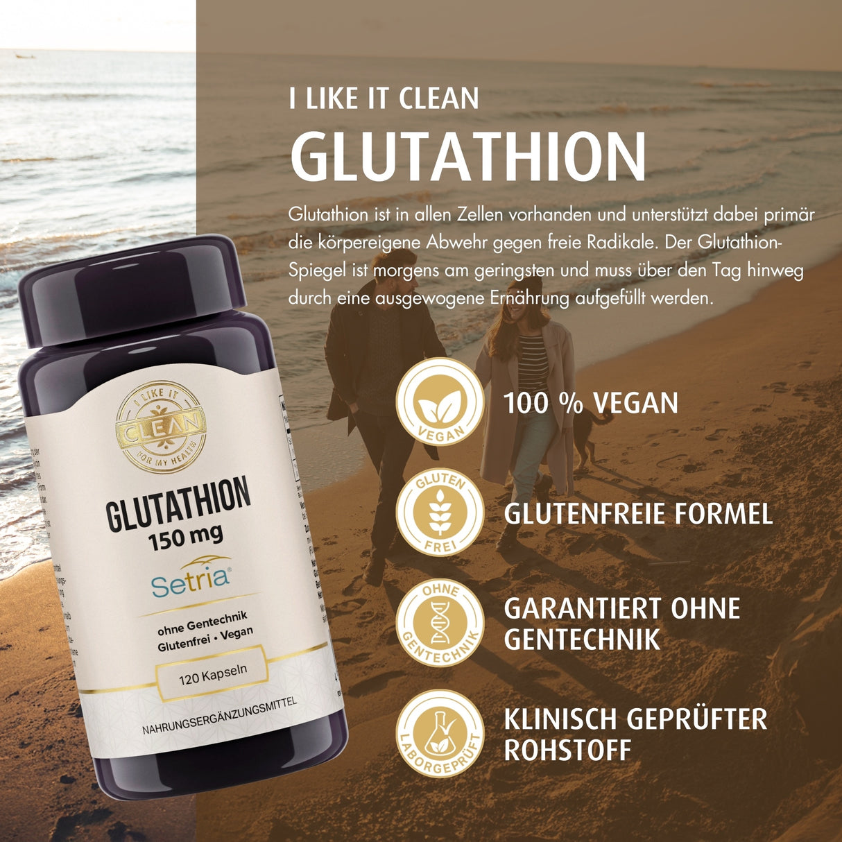 Eine dunkelviolette Plastikflasche mit einem Etikett. Auf dem Etikett steht ein Text über Glutathion, eine Verbindung aus Aminosäuren. Es wird erklärt, dass Glutathion in jeder Zelle vorkommt und wichtig für die zelluläre Integrität ist. Es gibt Hinweise zur Einnahme von Nahrungsergänzungsmitteln und eine Adresse für den Vertrieb: Supplemeta B.V., Papierbaan 50a, NL-9672 BH Winschoten, mit der Website www.supplementa.com.
