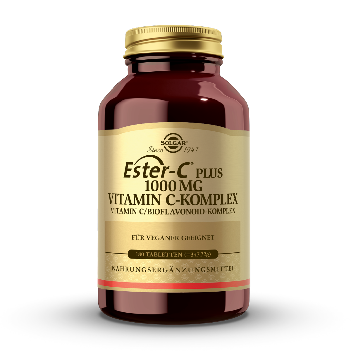 Ein braunes Glasgefäß mit goldenem Deckel, auf dem Etikett steht "Solgar Ester-C Plus 1000 mg Vitamin C-Komplex". Es ist für Veganer geeignet und enthält 180 Tabletten. Das Etikett ist goldfarben mit schwarzer Schrift.