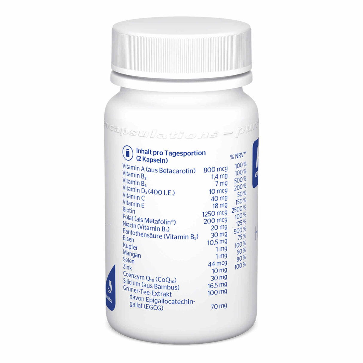 Das Bild zeigt eine weiße Plastikflasche mit einem Schraubverschluss. Auf der Flasche befindet sich ein Etikett mit Nährwertangaben für Vitamine und Mineralstoffe pro Tagesportion von zwei Kapseln. Die Nährwerte umfassen Vitamin A, Vitamin B-Komplex, Vitamin C, D, E, Biotin, Folsäure, Eisen, Kupfer, Mangan, Selen, Zink, Coenzym Q10, Silicium und Grüntee-Extrakt. Die Flasche ist auf einem weißen Hintergrund platziert.