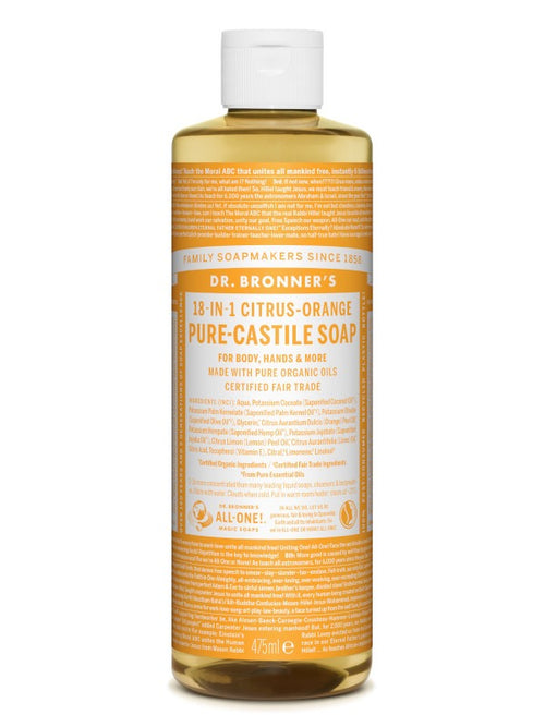 Eine Flasche Dr. Bronner's 18-in-1 Citrus-Orange Pure-Castile Soap mit orangem Etikett. Enthält organische Öle, zertifiziert fair gehandelt. 475 ml.
