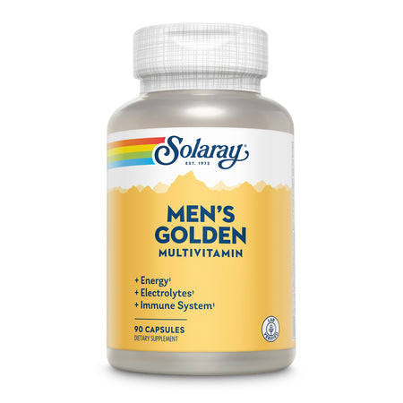 Das Bild zeigt eine Flasche Solaray Men's Golden Multivitamin mit einem gelben Etikett. Auf dem Etikett stehen die Vorteile: Energie, Elektrolyte und Immunsystem. Die Flasche enthält 90 Kapseln. Das Produkt ist laborgeprüft.
