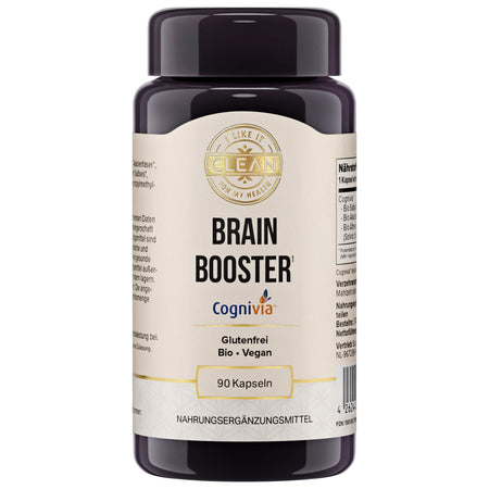 Das Bild zeigt zwei Pillenflaschen nebeneinander. Die linke Flasche ist dunkel und hat ein Etikett mit der Aufschrift "Brain Booster" und mehreren Vorteilen wie "koffeinfrei", "natürlich" und "spürbare Wirkung ab der 1. Kapsel". Die rechte Flasche ist weiß und unbeschriftet, mit negativen Punkten wie "nicht klinisch getestet" und "oft mit Koffein". Der Hintergrund ist zweifarbig, links beige und rechts weiß.