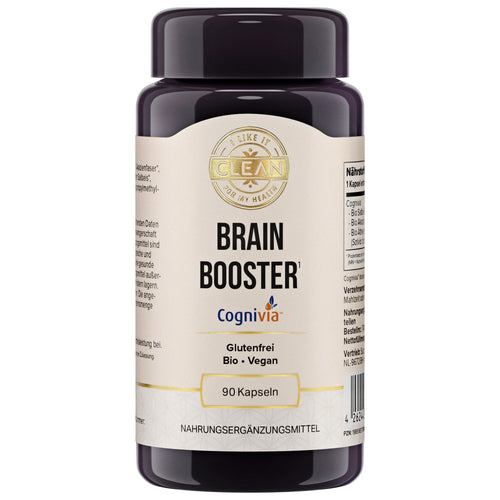 Das Bild zeigt zwei Pillenflaschen nebeneinander. Die linke Flasche ist dunkel und hat ein Etikett mit der Aufschrift "Brain Booster" und mehreren Vorteilen wie "koffeinfrei", "natürlich" und "spürbare Wirkung ab der 1. Kapsel". Die rechte Flasche ist weiß und unbeschriftet, mit negativen Punkten wie "nicht klinisch getestet" und "oft mit Koffein". Der Hintergrund ist zweifarbig, links beige und rechts weiß.