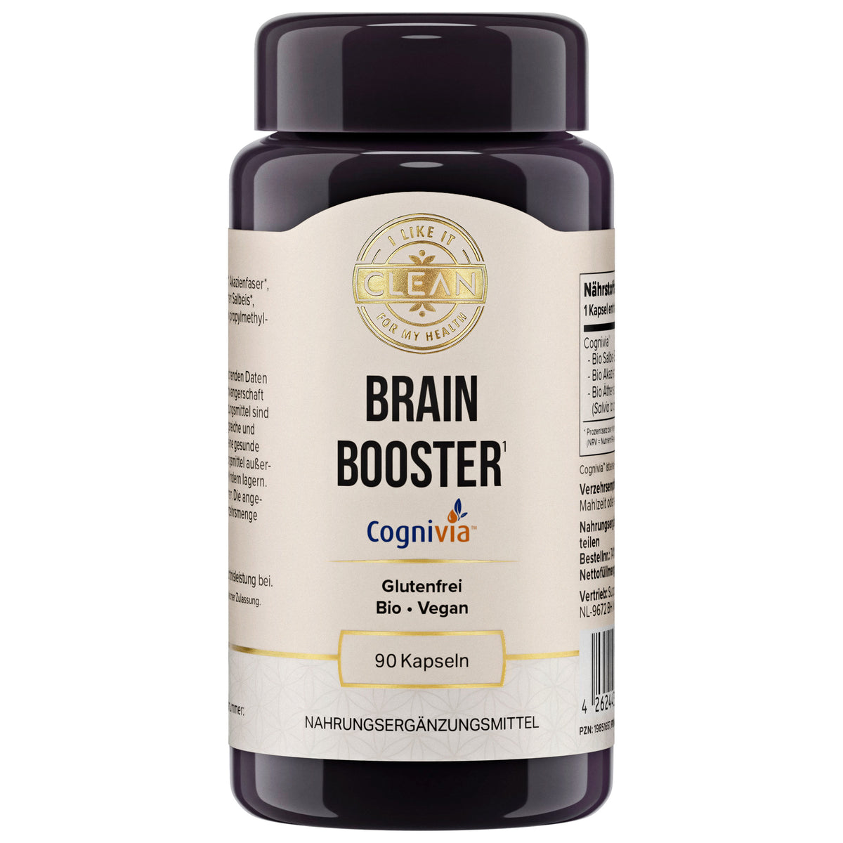 Das Bild zeigt zwei Pillenflaschen nebeneinander. Die linke Flasche ist dunkel und hat ein Etikett mit der Aufschrift "Brain Booster" und mehreren Vorteilen wie "koffeinfrei", "natürlich" und "spürbare Wirkung ab der 1. Kapsel". Die rechte Flasche ist weiß und unbeschriftet, mit negativen Punkten wie "nicht klinisch getestet" und "oft mit Koffein". Der Hintergrund ist zweifarbig, links beige und rechts weiß.