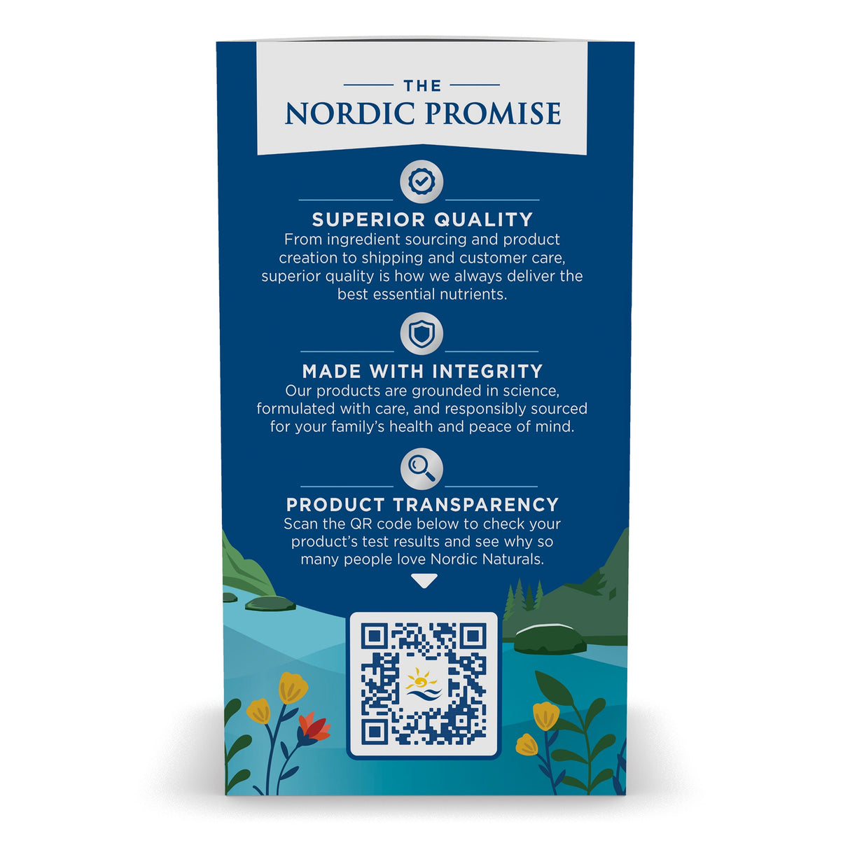 Ein blaues Poster mit dem Titel 'The Nordic Promise' und drei Abschnitten, die 'Superior Quality', 'Made with Integrity' und 'Product Transparency' beschreiben. Es gibt Illustrationen von Pflanzen am unteren Rand und einen QR-Code in der Mitte.