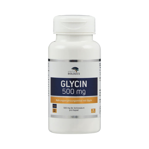 Eine weiße Plastikflasche mit einem Etikett, das "American Biologics Glycin 500 mg" zeigt. Die Flasche enthält 90 Kapseln und ist als Nahrungsergänzungsmittel gekennzeichnet. Das Etikett ist blau und orange gefärbt.