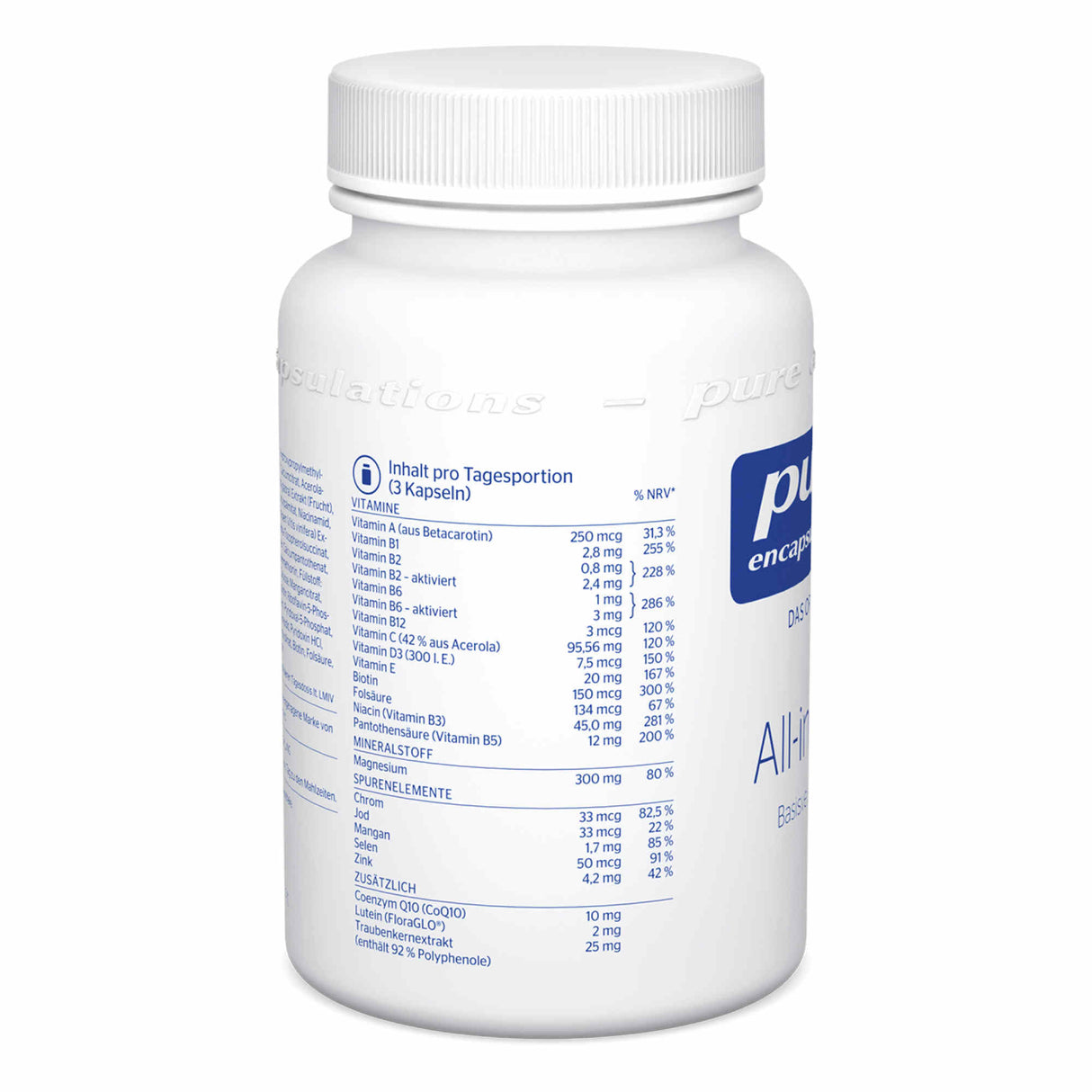 Das Bild zeigt eine weiße Plastikflasche von Pure Encapsulations mit einem Etikett, das die Inhaltsstoffe der Kapseln auflistet. Die Flasche steht vor einem weißen Hintergrund. Auf dem Etikett sind verschiedene Vitamine und Mineralstoffe mit ihren Mengenangaben pro Tagesportion aufgeführt.