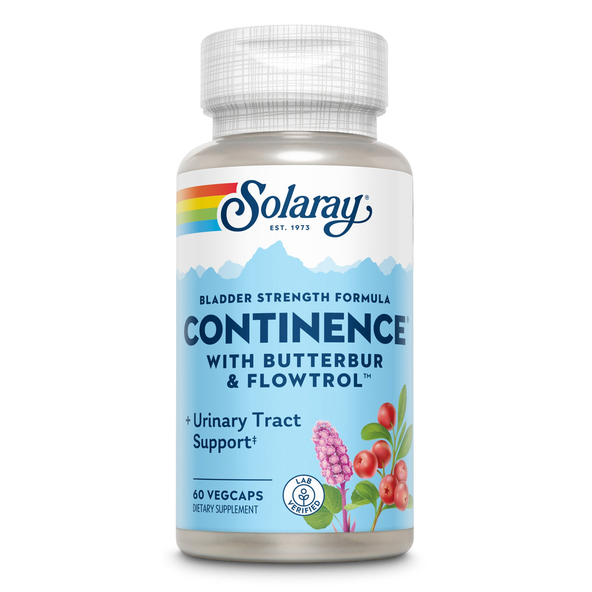 Das Bild zeigt eine Flasche des Nahrungsergänzungsmittels Solaray Continence. Die Flasche ist weiß mit einem blauen Etikett und enthält 60 Veggie-Kapseln. Auf dem Etikett sind die Inhaltsstoffe Butterbur und Flowtrol sowie die Unterstützung der Harnwege hervorgehoben.