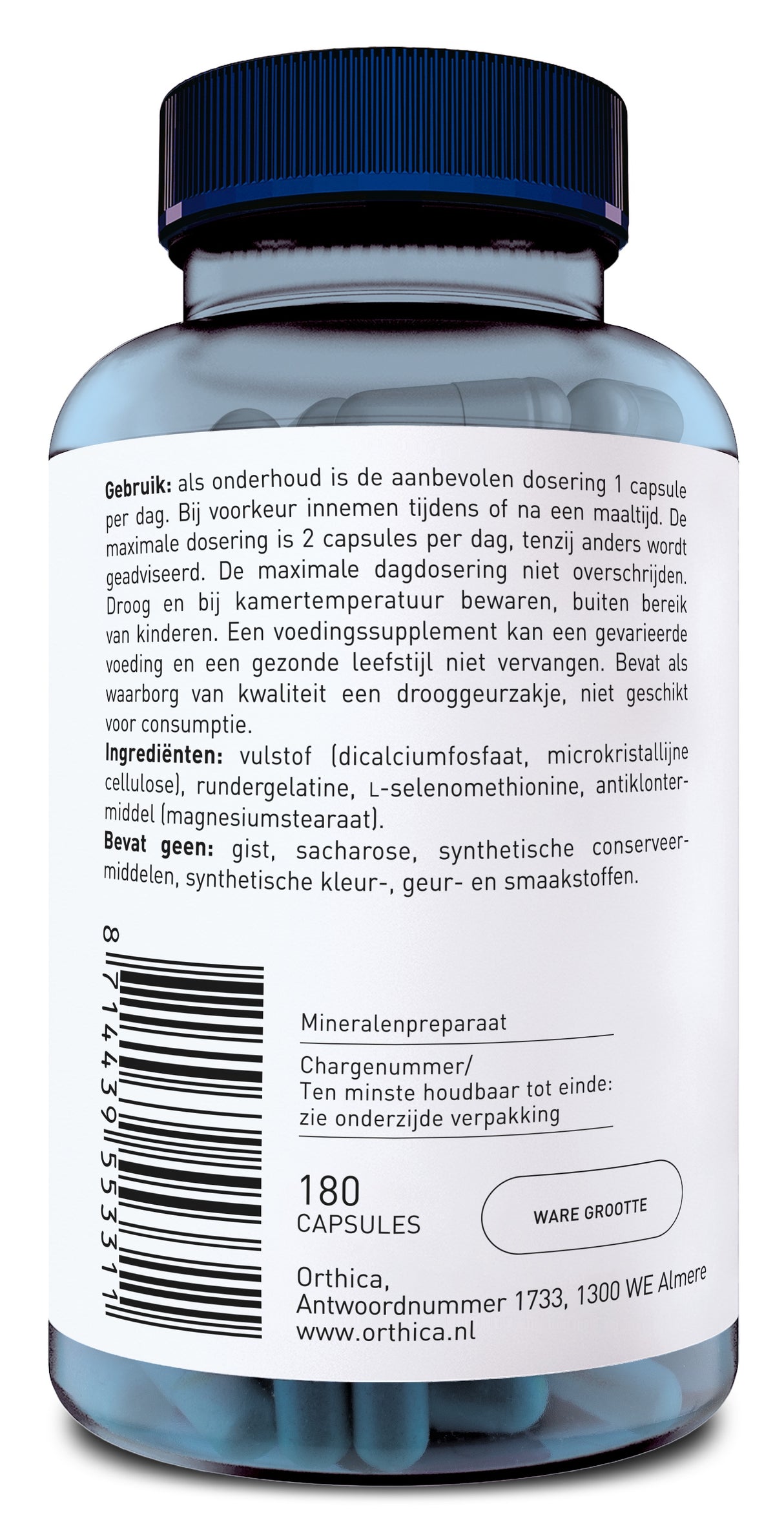 Die Abbildung zeigt eine blaue Kunststoffflasche mit einem Etikett auf der Vorderseite. Das Etikett enthält Text auf Niederländisch, der Anweisungen zur Verwendung und Inhaltsstoffe eines Nahrungsergänzungsmittels beschreibt. Die Flasche enthält 180 Kapseln und ist von der Marke Orthica. Der Barcode und weitere Angaben zur Lagerung und Dosierung sind ebenfalls sichtbar. Die Flasche steht aufrecht vor einem weißen Hintergrund.